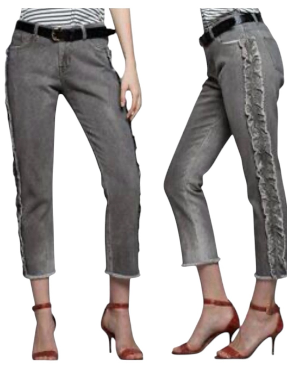 POL Gray Cropped Jeans Small Ruffle Embroidered Side Trim Raw Hem Cotton Boho